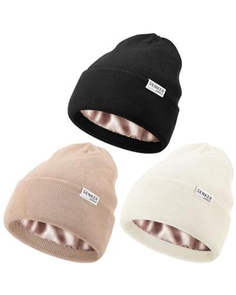 1536 Satin Lined Beanie Hats , Winter Silk Beanies Knit Soft Warm Cuffed